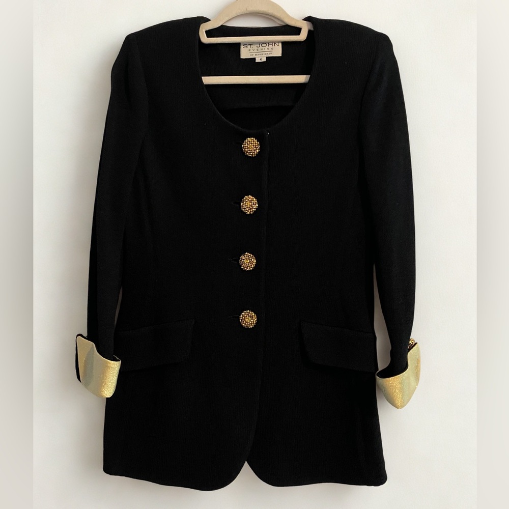 Vintage St. John Evening Black Gold Gemstone Button Blazer Jacket Size 4